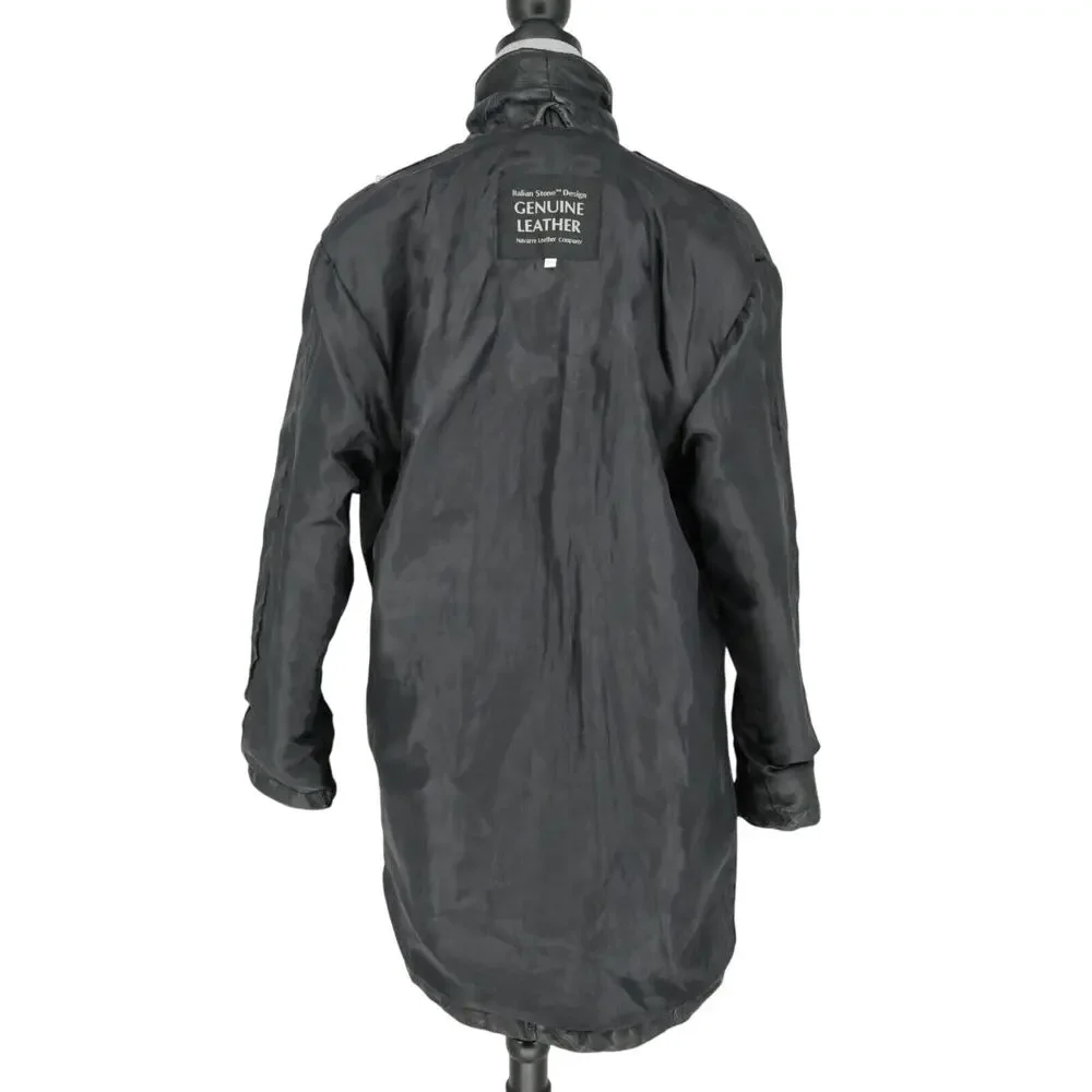 Navarre Leather Coat Jacket Womens Medium Black Lined Patchwork Look Outdoor